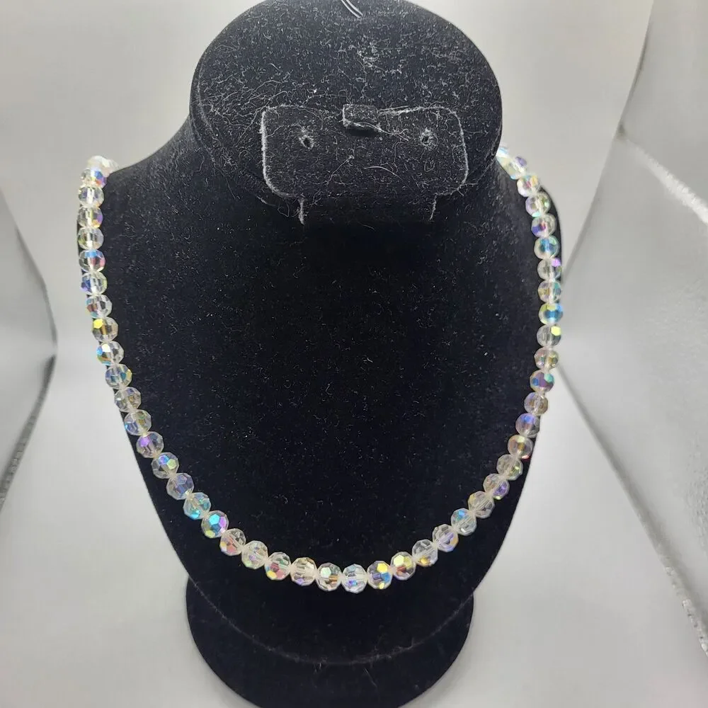 Vintage 50s Faceted AB Crystal Single Strand Necklace 24in